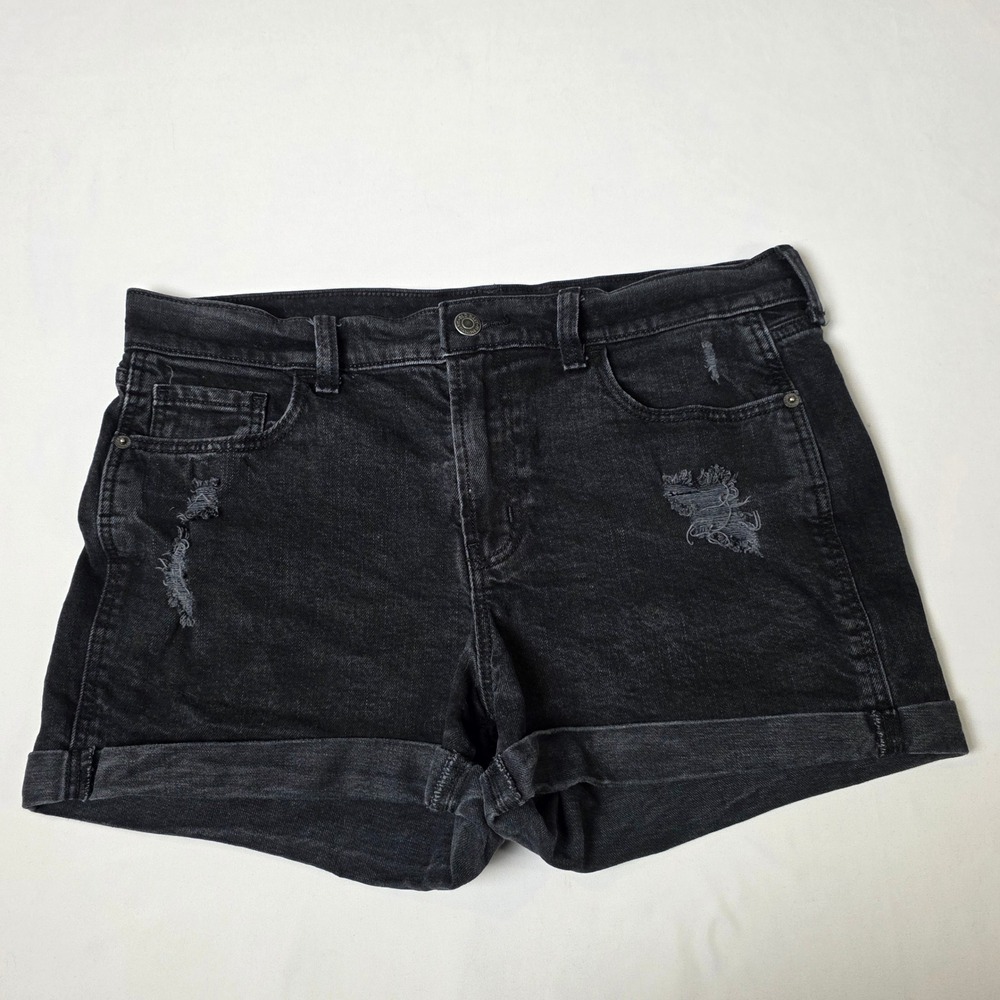Old Navy Boyfriend Short Women 10 Black Mid-Rise Distressed Cuffed Denim Shorts
